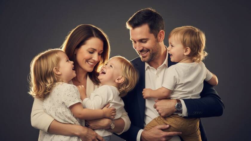 An Unforgettable Studio Photography Experience Park Orchards Victoria captured in an epic, dramatic portrait of a family laughing joyously, bathed in soft, ethereal light, celebrating a milestone moment.