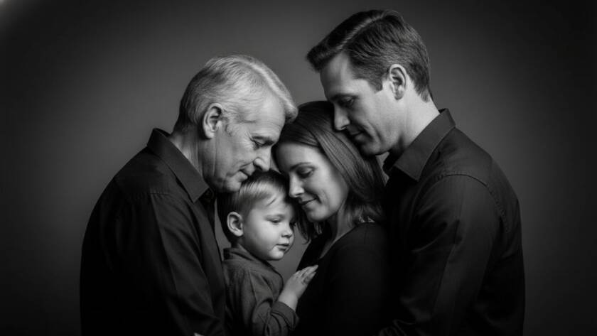 An unforgettable studio portrait photography Frankston South scene: a multi-generational family, bathed in warm, cinematic light, sharing a genuine laugh, captured in a stunning, high-contrast black and white composition that highlights their joyful connection.