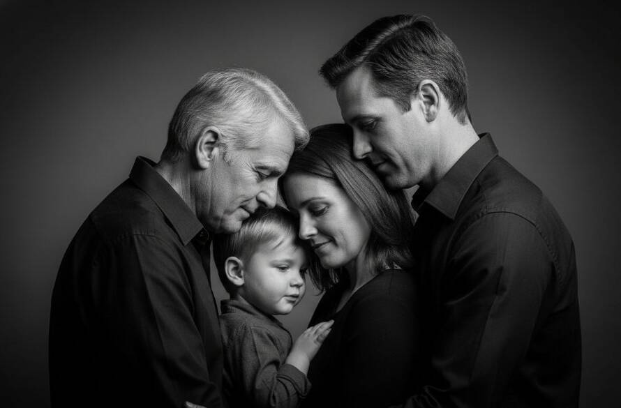 An unforgettable studio portrait photography Frankston South scene: a multi-generational family, bathed in warm, cinematic light, sharing a genuine laugh, captured in a stunning, high-contrast black and white composition that highlights their joyful connection.