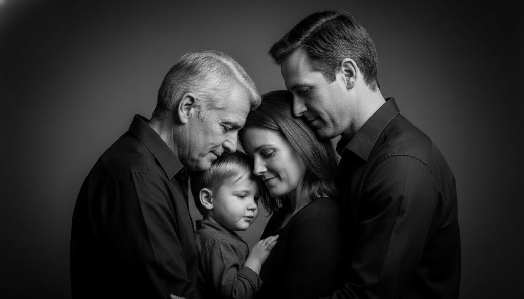 An unforgettable studio portrait photography Frankston South scene: a multi-generational family, bathed in warm, cinematic light, sharing a genuine laugh, captured in a stunning, high-contrast black and white composition that highlights their joyful connection.