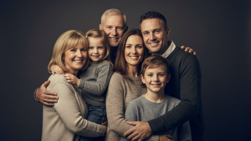 A warmly lit, emotional multi-generational family portrait taken in a professional studio, capturing a genuine laugh and heartfelt connection between family members. The image highlights the "Unforgettable studio portrait photography Wodonga experience" with its expert composition and warm tones, depicting an epic moment of familial love.
