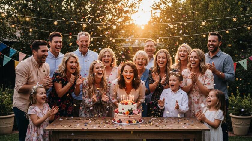 An unforgettable Templestowe Lower party photography moment captured: a group of friends laughing joyously under string lights at a backyard celebration, confetti in the air, professionally lit with warm evening tones.