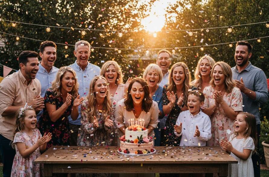 An unforgettable Templestowe Lower party photography moment captured: a group of friends laughing joyously under string lights at a backyard celebration, confetti in the air, professionally lit with warm evening tones.