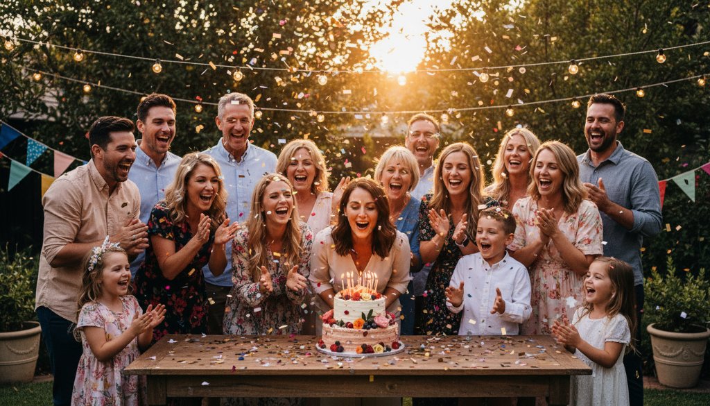 An unforgettable Templestowe Lower party photography moment captured: a group of friends laughing joyously under string lights at a backyard celebration, confetti in the air, professionally lit with warm evening tones.