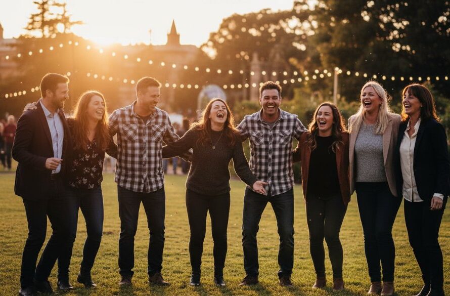 An epic, high-energy moment captured during an outdoor community festival in Traralgon, showing a group of people laughing and interacting joyfully under warm evening light, illustrating unforgettable Traralgon event photography.
