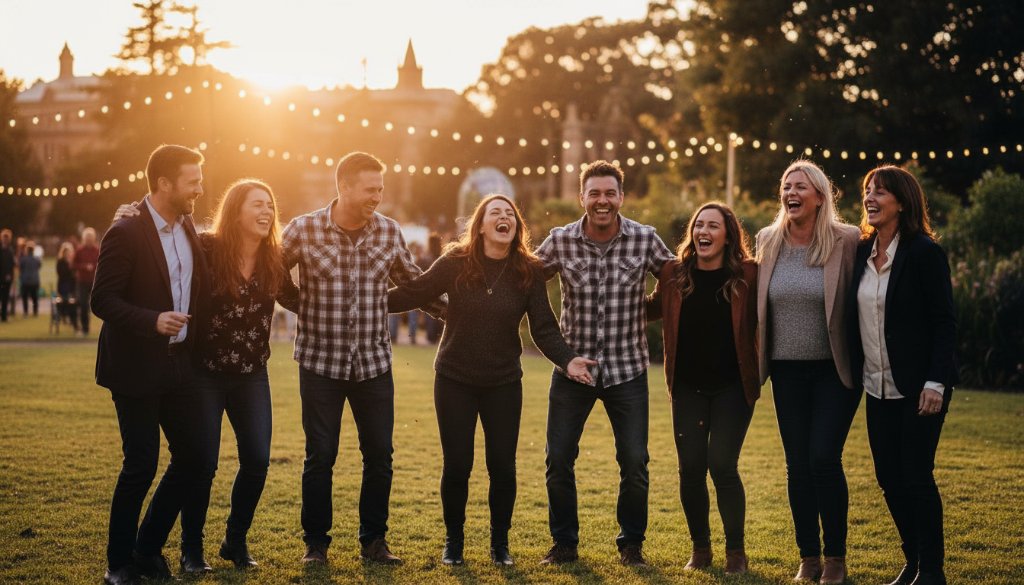 An epic, high-energy moment captured during an outdoor community festival in Traralgon, showing a group of people laughing and interacting joyfully under warm evening light, illustrating unforgettable Traralgon event photography.