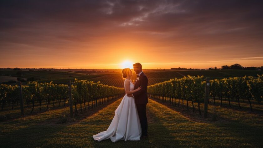 A newlywed couple shares an unforgettable Waurn Ponds wedding photography experience, silhouetted against a dramatic sunset over a vineyard, showcasing their intimate embrace and the stunning regional landscape.
