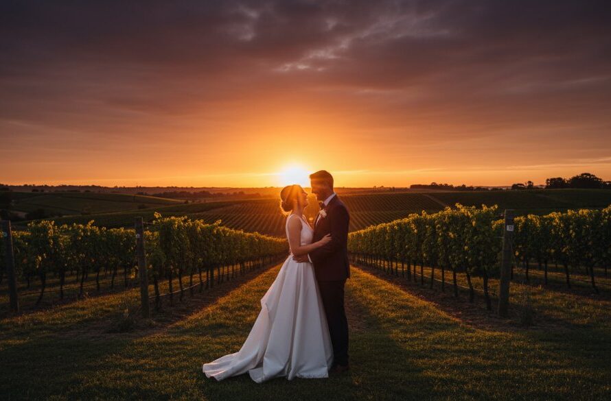 A newlywed couple shares an unforgettable Waurn Ponds wedding photography experience, silhouetted against a dramatic sunset over a vineyard, showcasing their intimate embrace and the stunning regional landscape.