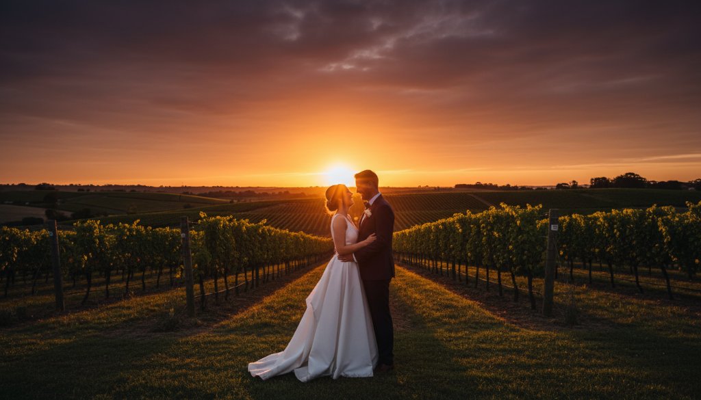 A newlywed couple shares an unforgettable Waurn Ponds wedding photography experience, silhouetted against a dramatic sunset over a vineyard, showcasing their intimate embrace and the stunning regional landscape.