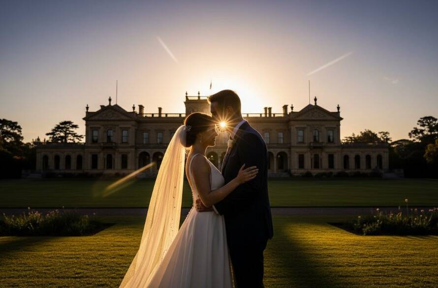 A newly married couple sharing an intimate, joyful laugh amidst the grand, sun-drenched facade of Werribee Park Mansion, creating unforgettable Werribee Park Mansion wedding moments, captured at sunset with dramatic flair.