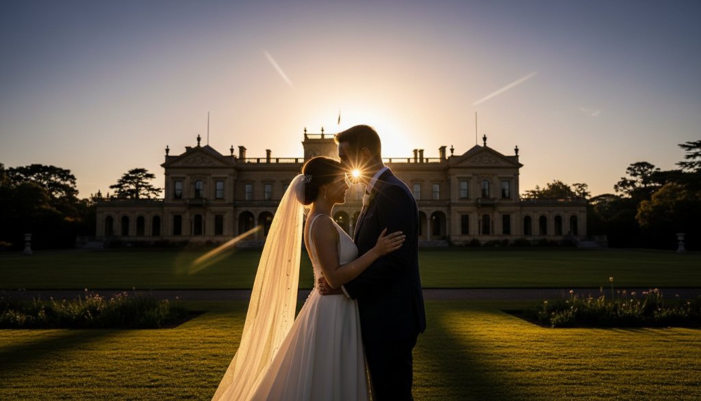 A newly married couple sharing an intimate, joyful laugh amidst the grand, sun-drenched facade of Werribee Park Mansion, creating unforgettable Werribee Park Mansion wedding moments, captured at sunset with dramatic flair.