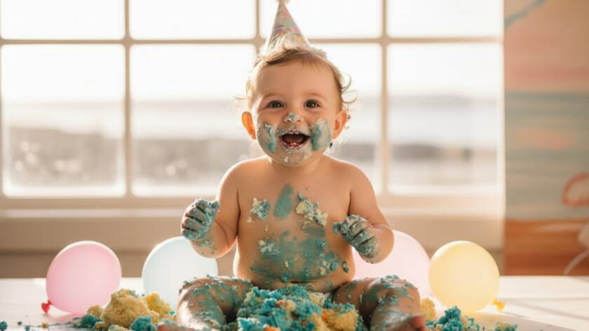 A baby with frosting all over their face and hands, laughing joyfully amidst a colourful cake smash setup in a sunlit Williamstown studio, capturing an unforgettable Williamstown baby's first birthday cake smash moment with dramatic backlighting and a whimsical balloon arch.