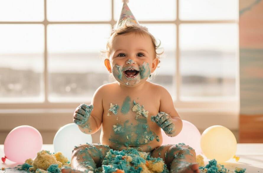 A baby with frosting all over their face and hands, laughing joyfully amidst a colourful cake smash setup in a sunlit Williamstown studio, capturing an unforgettable Williamstown baby's first birthday cake smash moment with dramatic backlighting and a whimsical balloon arch.