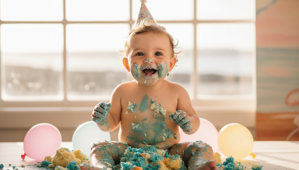 A baby with frosting all over their face and hands, laughing joyfully amidst a colourful cake smash setup in a sunlit Williamstown studio, capturing an unforgettable Williamstown baby's first birthday cake smash moment with dramatic backlighting and a whimsical balloon arch.