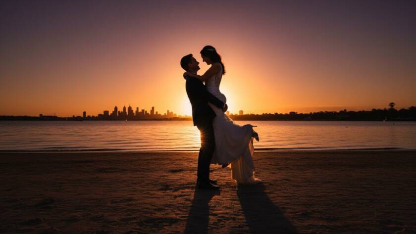 A newlywed couple sharing an epic, romantic moment during their unforgettable Williamstown Foreshore wedding photography session, with the vibrant sunset casting a golden glow over the bay and city skyline in the background, captured with professional color grading.