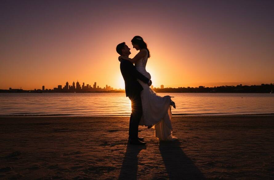 A newlywed couple sharing an epic, romantic moment during their unforgettable Williamstown Foreshore wedding photography session, with the vibrant sunset casting a golden glow over the bay and city skyline in the background, captured with professional color grading.