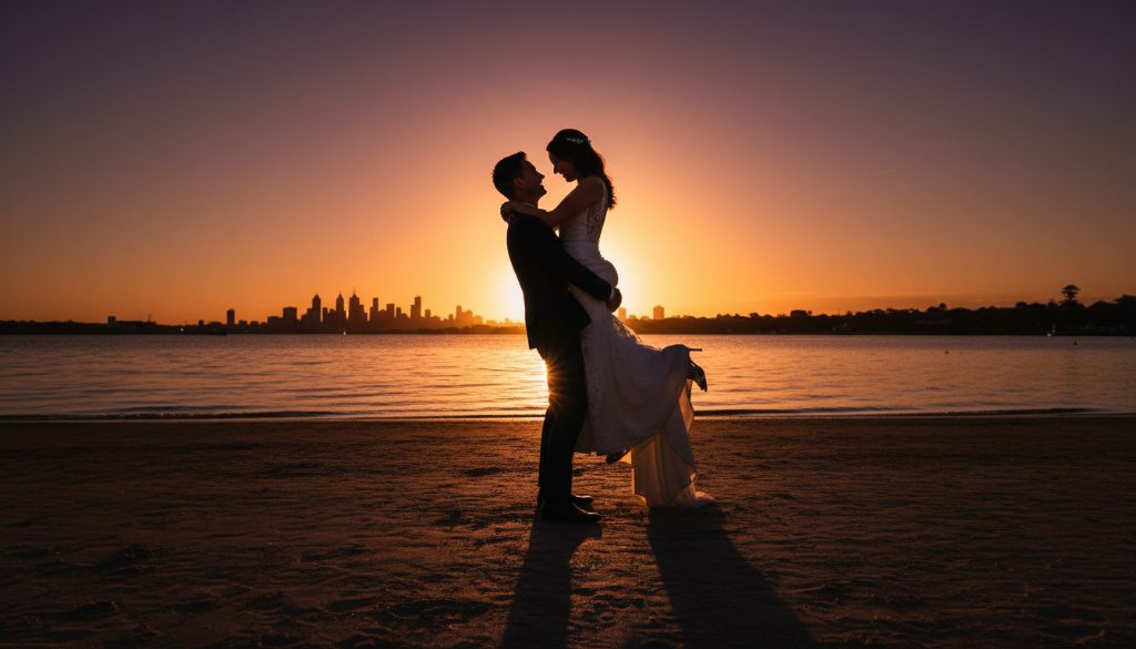 A newlywed couple sharing an epic, romantic moment during their unforgettable Williamstown Foreshore wedding photography session, with the vibrant sunset casting a golden glow over the bay and city skyline in the background, captured with professional color grading.