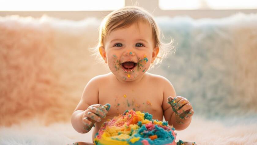 An adorable baby covered in cake, joyfully smashing a colourful birthday cake with dramatic lighting, capturing the unique cake smash photography Elsternwick Victoria experience, set against a whimsical, soft-focus background.