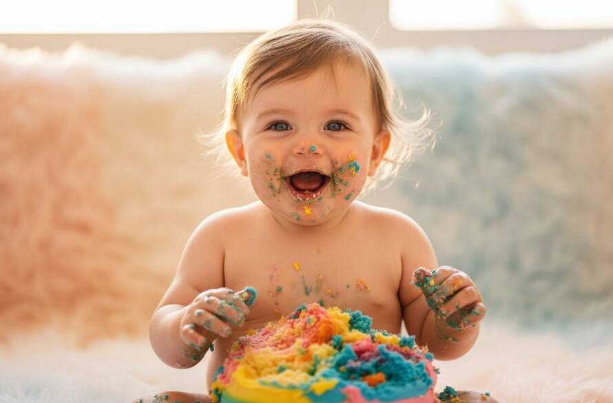 An adorable baby covered in cake, joyfully smashing a colourful birthday cake with dramatic lighting, capturing the unique cake smash photography Elsternwick Victoria experience, set against a whimsical, soft-focus background.