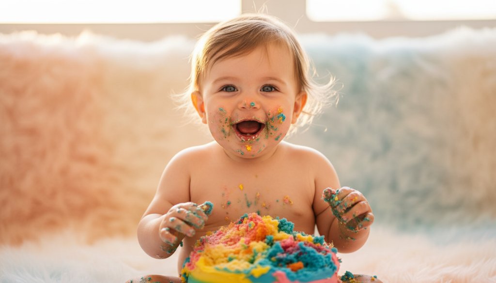 An adorable baby covered in cake, joyfully smashing a colourful birthday cake with dramatic lighting, capturing the unique cake smash photography Elsternwick Victoria experience, set against a whimsical, soft-focus background.