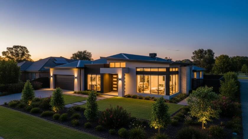 A stunning aerial shot at dusk showcasing a modern family home in Rowville, Victoria, with warm interior lights glowing, surrounded by lush, leafy green gardens, demonstrating how to unlock Rowville property appeal with professional real estate photography through dramatic cinematic lighting.