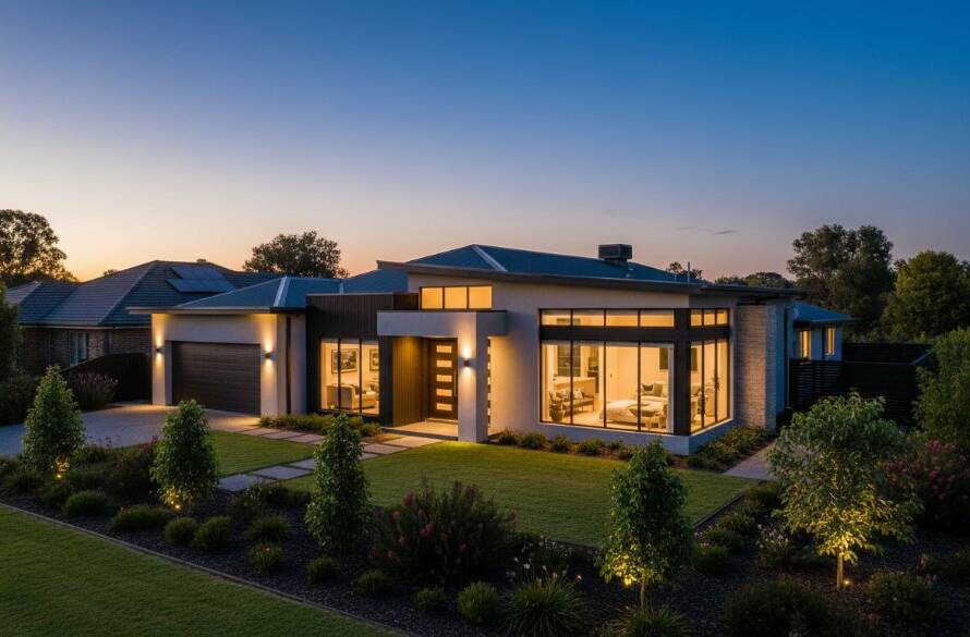 A stunning aerial shot at dusk showcasing a modern family home in Rowville, Victoria, with warm interior lights glowing, surrounded by lush, leafy green gardens, demonstrating how to unlock Rowville property appeal with professional real estate photography through dramatic cinematic lighting.
