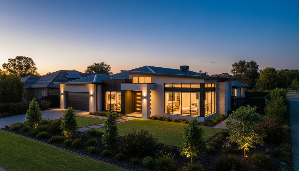 A stunning aerial shot at dusk showcasing a modern family home in Rowville, Victoria, with warm interior lights glowing, surrounded by lush, leafy green gardens, demonstrating how to unlock Rowville property appeal with professional real estate photography through dramatic cinematic lighting.