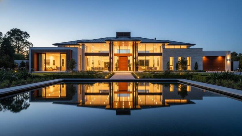 An epic twilight photograph capturing a luxurious Bangholme home, with warm interior lights glowing and a serene pond reflecting its grandeur, perfect for Unlocking Bangholme Property Value Photography.