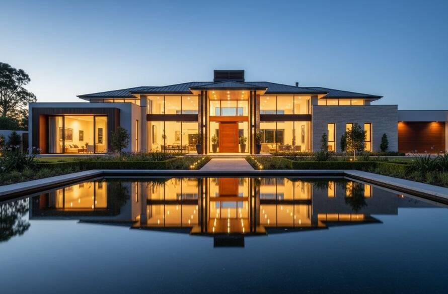 An epic twilight photograph capturing a luxurious Bangholme home, with warm interior lights glowing and a serene pond reflecting its grandeur, perfect for Unlocking Bangholme Property Value Photography.