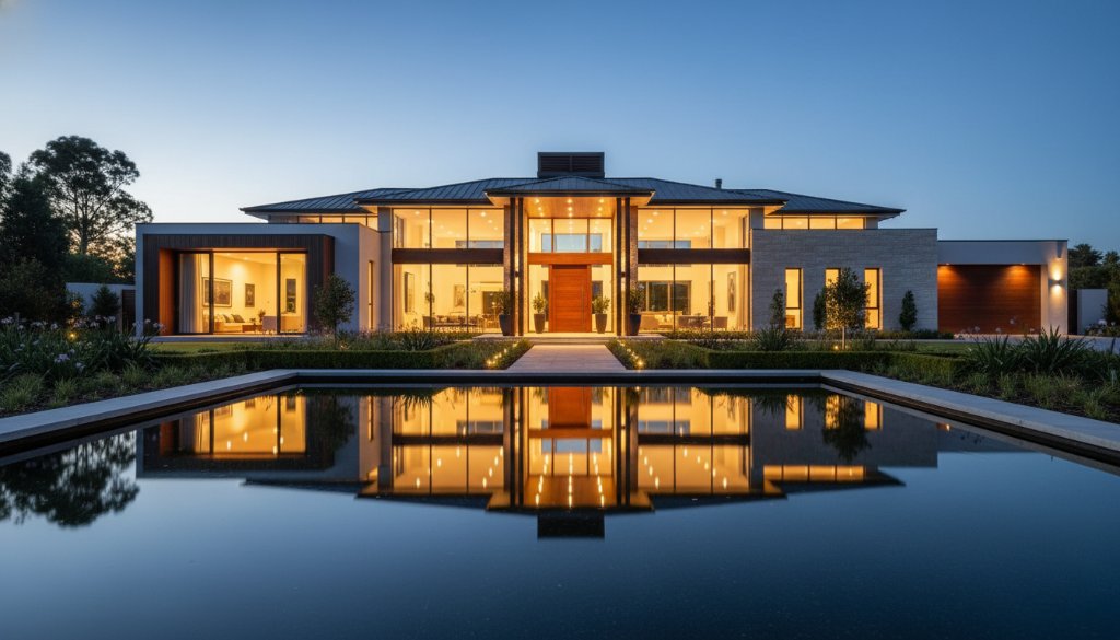 An epic twilight photograph capturing a luxurious Bangholme home, with warm interior lights glowing and a serene pond reflecting its grandeur, perfect for Unlocking Bangholme Property Value Photography.