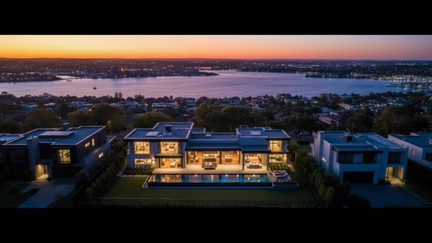 An epic aerial shot showcasing a stunning modern home in North Geelong, Victoria, at twilight, with the city lights subtly glowing in the distance, perfectly illustrating how professional photography can aid in Unlocking North Geelong Property Potential with Professional Photography.
