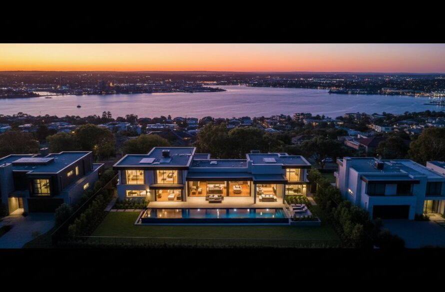 An epic aerial shot showcasing a stunning modern home in North Geelong, Victoria, at twilight, with the city lights subtly glowing in the distance, perfectly illustrating how professional photography can aid in Unlocking North Geelong Property Potential with Professional Photography.