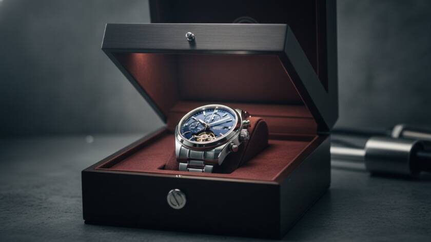 A dramatically lit photograph showcasing an intricate mechanical watch being revealed from a bespoke box, captured with expert precision, highlighting the Unlocking Oakleigh South Product Photography Excellence provided by a professional studio, with light streaks suggesting dynamic motion and reflective surfaces creating an 'epic moment' of product unveiling.