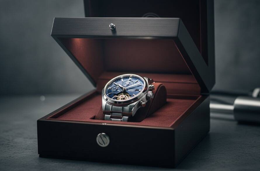 A dramatically lit photograph showcasing an intricate mechanical watch being revealed from a bespoke box, captured with expert precision, highlighting the Unlocking Oakleigh South Product Photography Excellence provided by a professional studio, with light streaks suggesting dynamic motion and reflective surfaces creating an 'epic moment' of product unveiling.