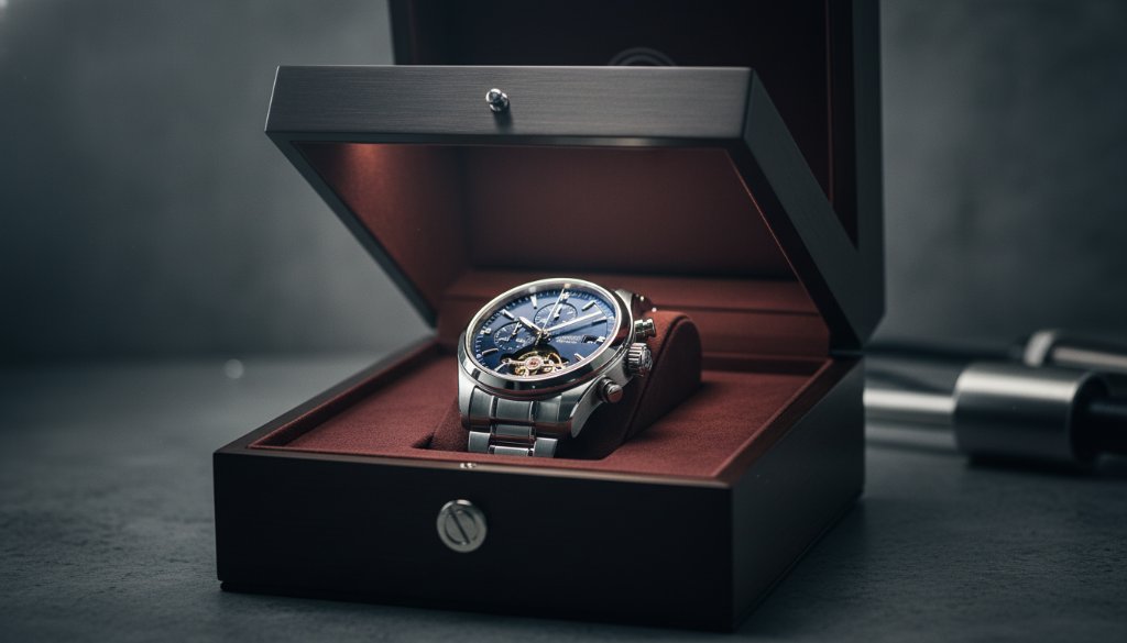 A dramatically lit photograph showcasing an intricate mechanical watch being revealed from a bespoke box, captured with expert precision, highlighting the Unlocking Oakleigh South Product Photography Excellence provided by a professional studio, with light streaks suggesting dynamic motion and reflective surfaces creating an 'epic moment' of product unveiling.