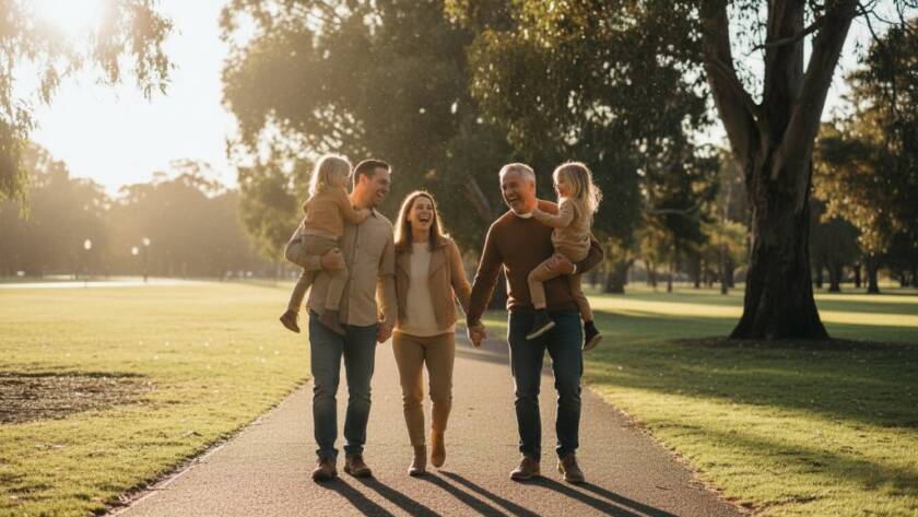 An emotional, wide-angle shot capturing unposed candid photography Maidstone family stories, featuring parents laughing joyfully with their children amidst the warm, golden light of a Maidstone park, showcasing genuine connection and love with dramatic cinematic flair.