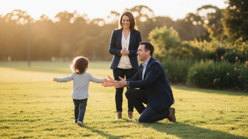 A vibrant, emotionally charged photograph of a young child running towards their parents at sunset in a Clyde park, capturing genuine connection through unposed candid photography moments Clyde families adore.