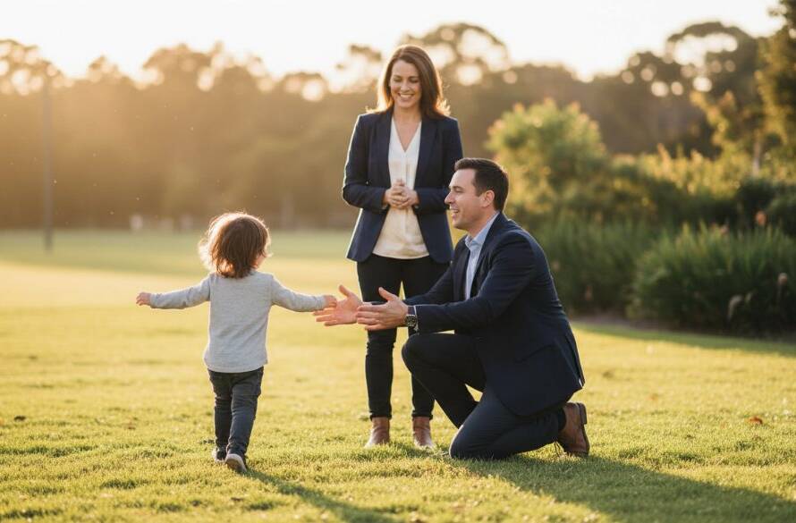 A vibrant, emotionally charged photograph of a young child running towards their parents at sunset in a Clyde park, capturing genuine connection through unposed candid photography moments Clyde families adore.
