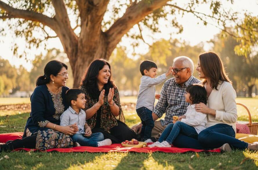 An intimate, joyful moment captured through Unposed Candid Photography Sunshine VIC Captures: a family laughing spontaneously at a local park in Sunshine, bathed in golden hour light, showing genuine connection.