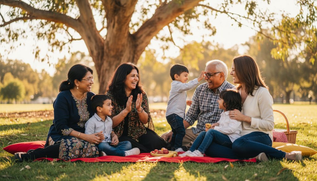 An intimate, joyful moment captured through Unposed Candid Photography Sunshine VIC Captures: a family laughing spontaneously at a local park in Sunshine, bathed in golden hour light, showing genuine connection.