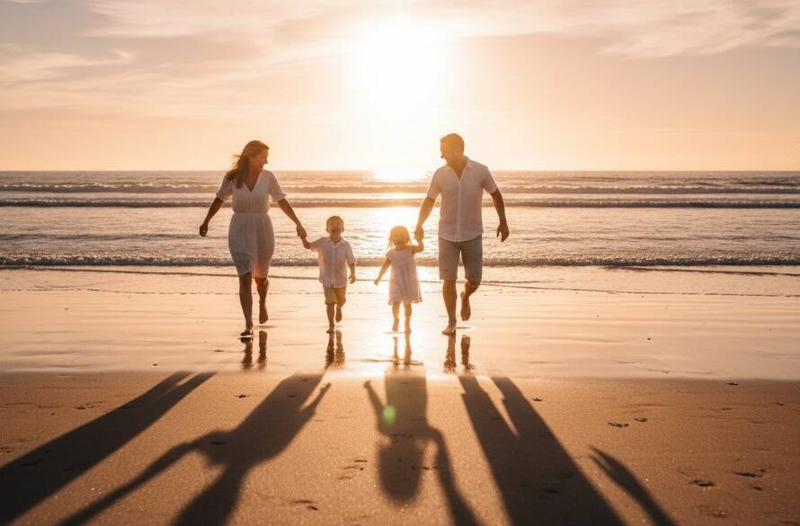 A heartwarming, candid moment of a family laughing and running together on Carrum beach at sunset, bathed in golden light. This unposed family photography Carrum beach Victoria image captures genuine joy and connection, showcasing a beautiful, epic family memory.