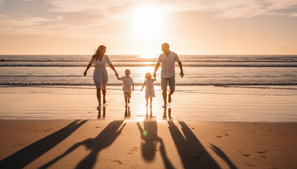 A heartwarming, candid moment of a family laughing and running together on Carrum beach at sunset, bathed in golden light. This unposed family photography Carrum beach Victoria image captures genuine joy and connection, showcasing a beautiful, epic family memory.