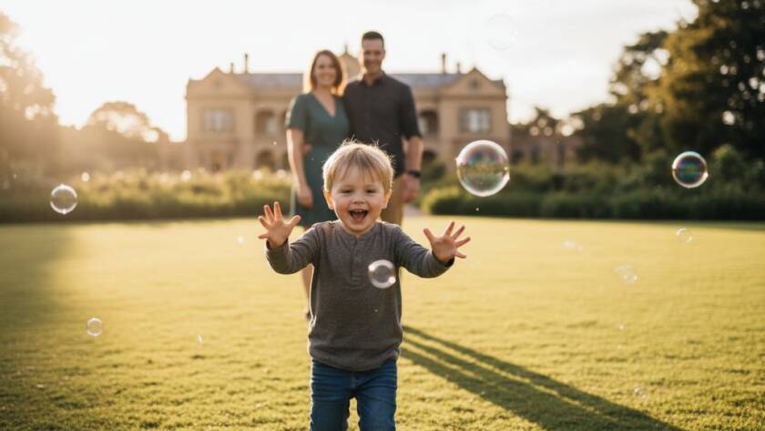 An unposed family photo captured in the Werribee Mansion Gardens at golden hour, showing a child laughing as they chase bubbles, silhouetted parents smiling, with the grand mansion faintly visible in the soft background, professionally color-graded.