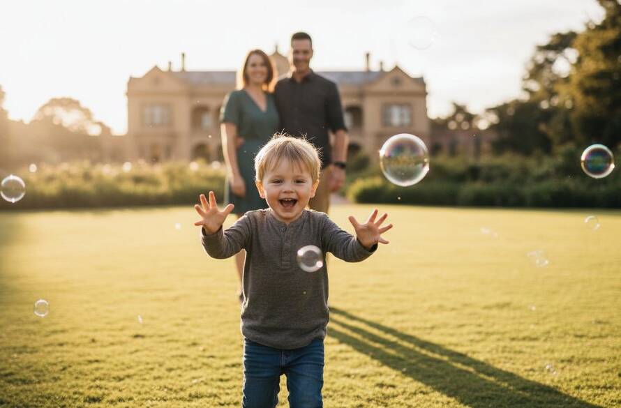 An unposed family photo captured in the Werribee Mansion Gardens at golden hour, showing a child laughing as they chase bubbles, silhouetted parents smiling, with the grand mansion faintly visible in the soft background, professionally color-graded.