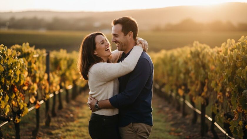 A couple laughing genuinely amidst the golden hour glow of a Heathcote vineyard, captured in unposed Heathcote Victoria natural photography, showcasing an authentic, joyful moment.