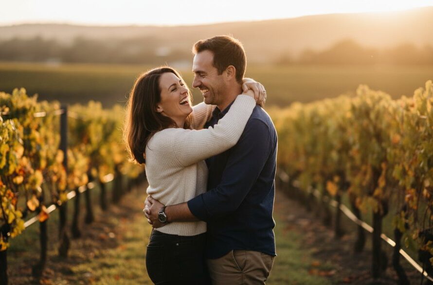 A couple laughing genuinely amidst the golden hour glow of a Heathcote vineyard, captured in unposed Heathcote Victoria natural photography, showcasing an authentic, joyful moment.