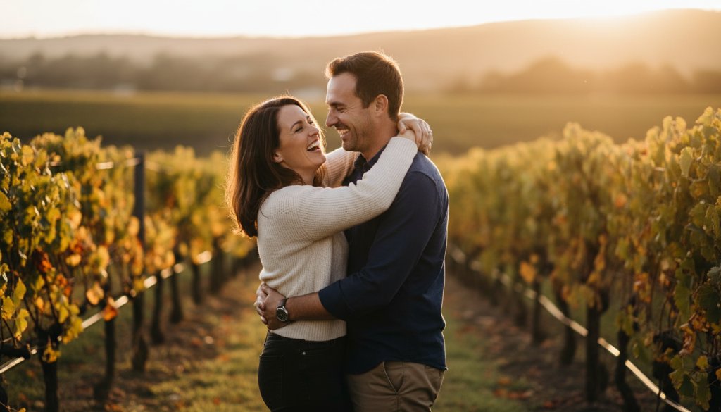 A couple laughing genuinely amidst the golden hour glow of a Heathcote vineyard, captured in unposed Heathcote Victoria natural photography, showcasing an authentic, joyful moment.
