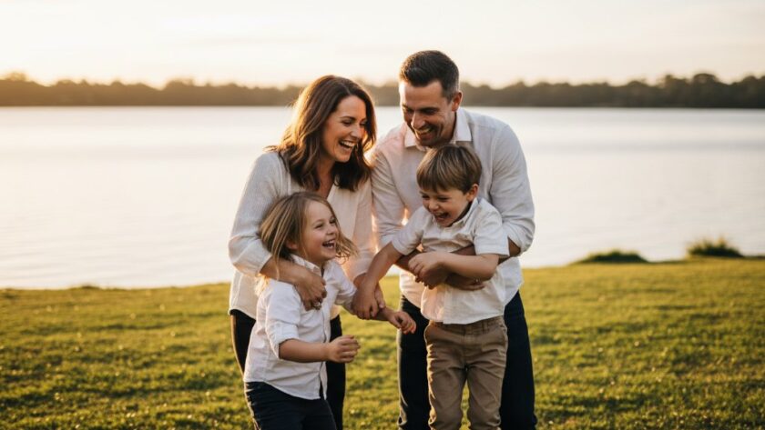 An unposed Moe candid photography for authentic family memories, featuring a laughing family playing in golden hour light at Lake Narracan, professionally colour-graded for a warm, cinematic feel.