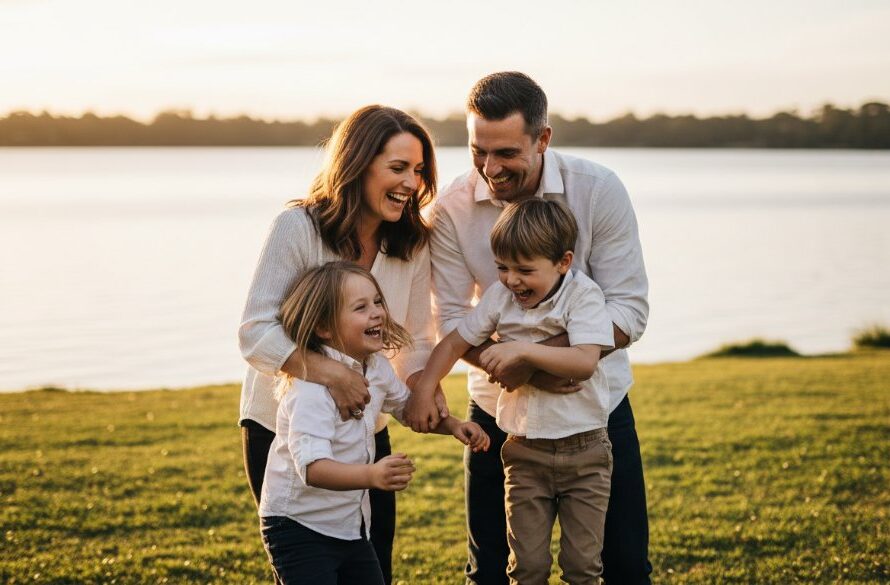An unposed Moe candid photography for authentic family memories, featuring a laughing family playing in golden hour light at Lake Narracan, professionally colour-graded for a warm, cinematic feel.
