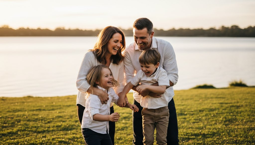 An unposed Moe candid photography for authentic family memories, featuring a laughing family playing in golden hour light at Lake Narracan, professionally colour-graded for a warm, cinematic feel.